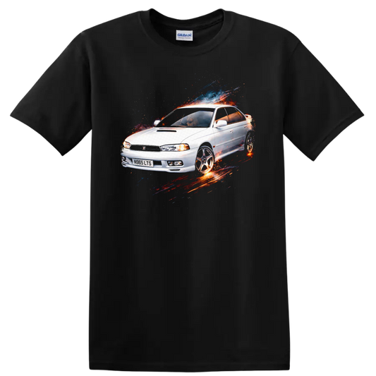 White Subaru Legacy old car graphic print with splash effects on black background on a Black T Shirt