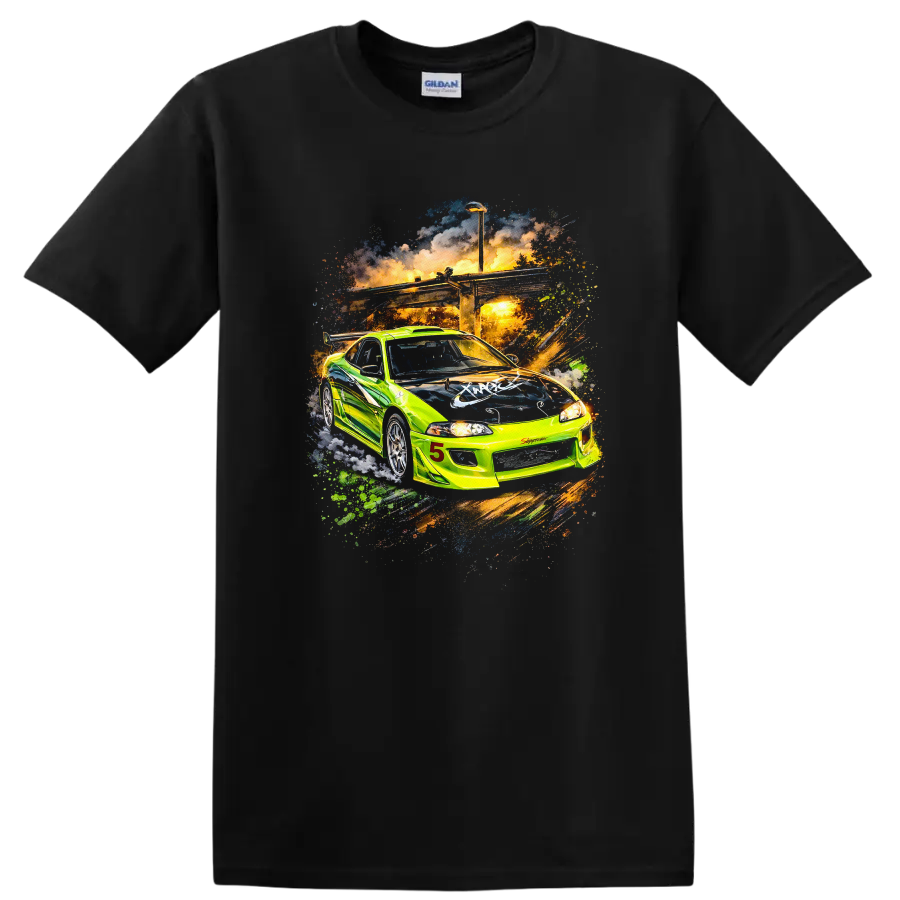 Neon green Mitsubishi Eclipse GS racing car graphic print T-shirt on a Black T Shirt
