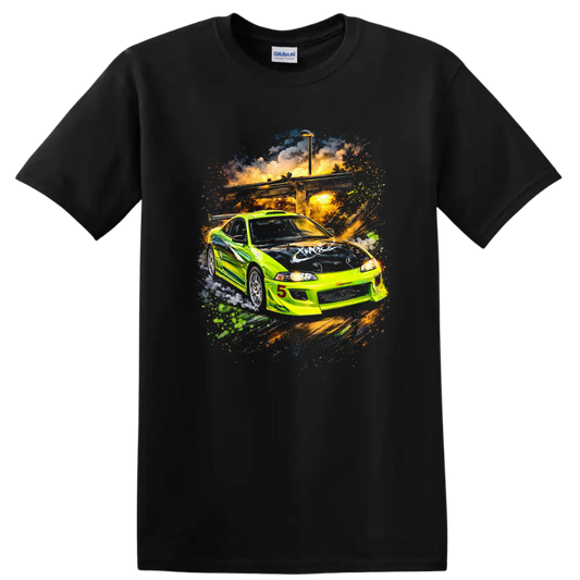 Neon green Mitsubishi Eclipse GS racing car graphic print T-shirt on a Black T Shirt