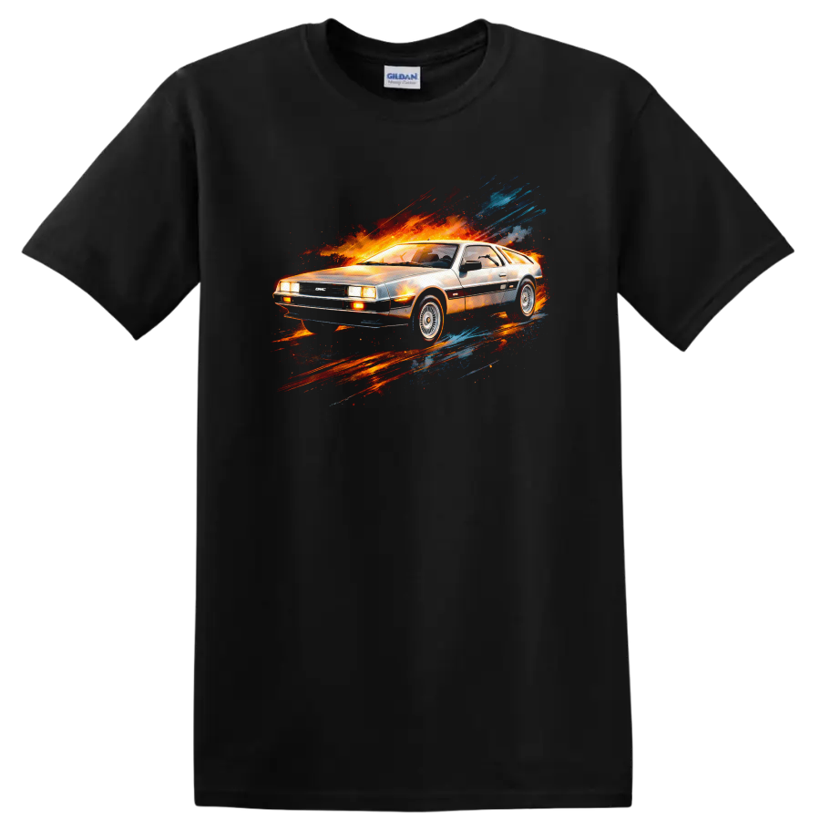 Silver DeLorean-style car with fiery red, orange, and blue motion streak graphic print on a Black T Shirt