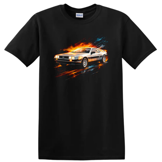 Silver DeLorean-style car with fiery red, orange, and blue motion streak graphic print on a Black T Shirt