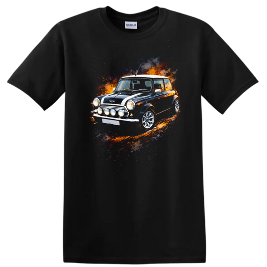 Classic Mini Cooper car with colorful paint splash graphic print on a Black T Shirt