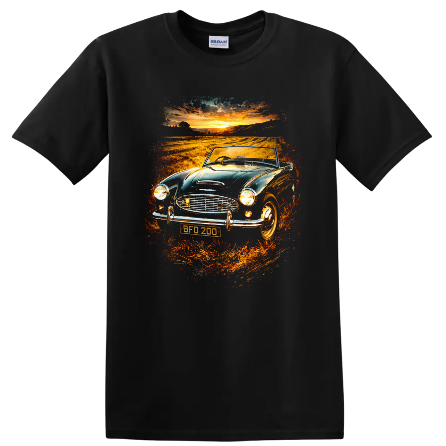Austin-Healey 3000 classic car at sunset graphic print T-shirt on a Black T Shirt
