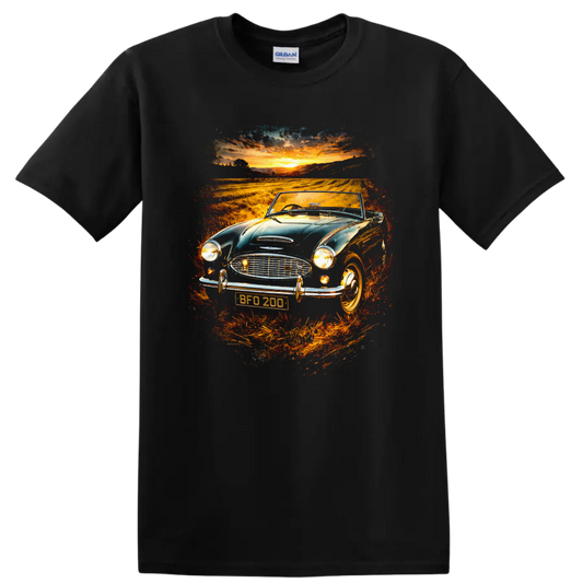 Austin-Healey 3000 classic car at sunset graphic print T-shirt on a Black T Shirt