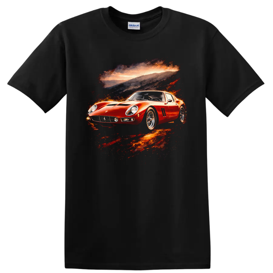Red Ferrari 250 GTO classic sports car graphic print with sunset backdrop on a Black T Shirt