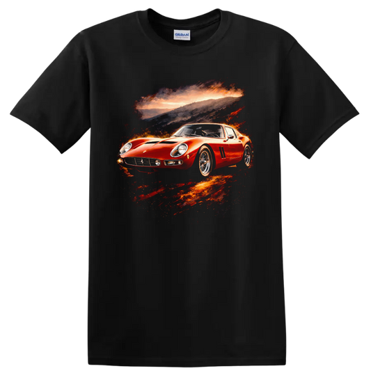 Red Ferrari 250 GTO classic sports car graphic print with sunset backdrop on a Black T Shirt