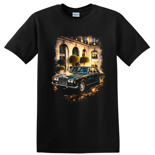 Rolls-Royce Silver Shadow classic car in a luxury city scene graphic print T shirt on a Black T Shirt