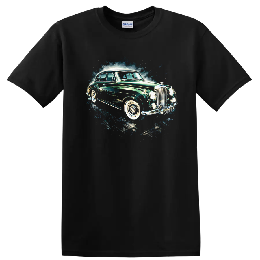 Vintage Bentley S2 classic car with chrome details and blue splash graphic on a T shirt on a Black T Shirt