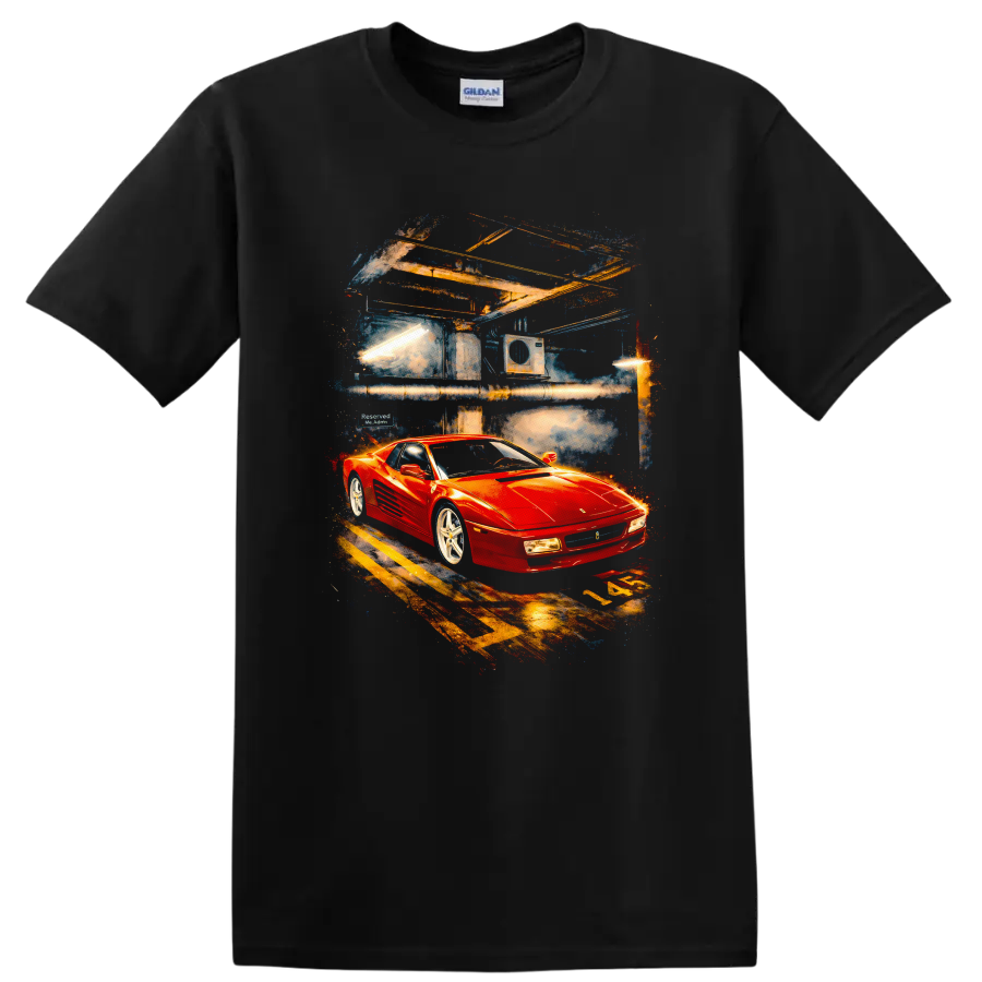 Red Ferrari Testarossa sports car graphic print on a black T shirt on a Black T Shirt