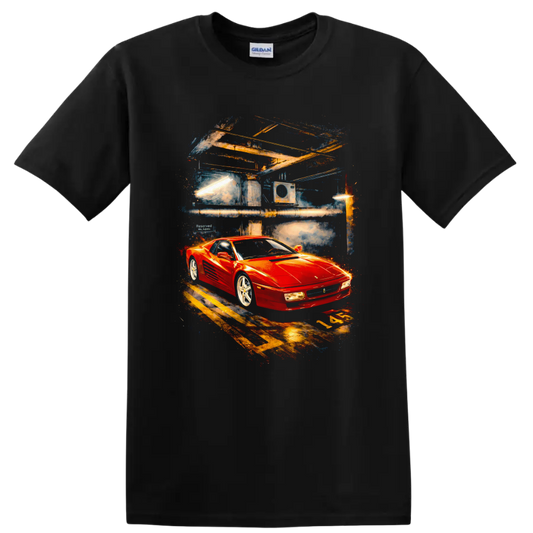 Red Ferrari Testarossa sports car graphic print on a black T shirt on a Black T Shirt
