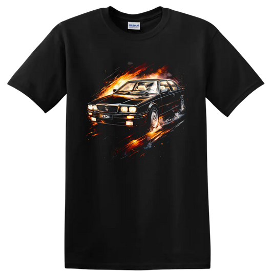 Old Maserati 222 car graphic with fiery motion streaks on a Black T Shirt