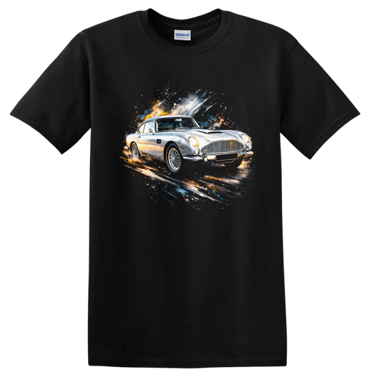 Aston Martin DB5 old car watercolor graphic print T-shirt on a Black T Shirt