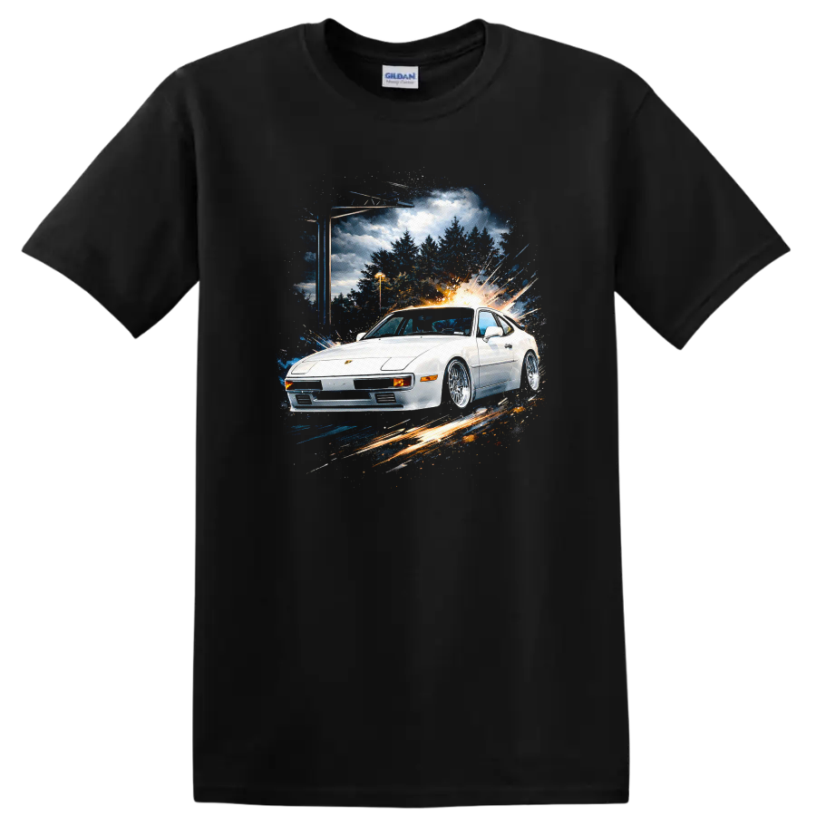 White Porsche 924 sports car with motion burst graphic print on T shirt on a Black T Shirt