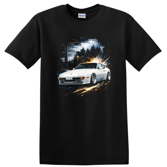 White Porsche 924 sports car with motion burst graphic print on T shirt on a Black T Shirt
