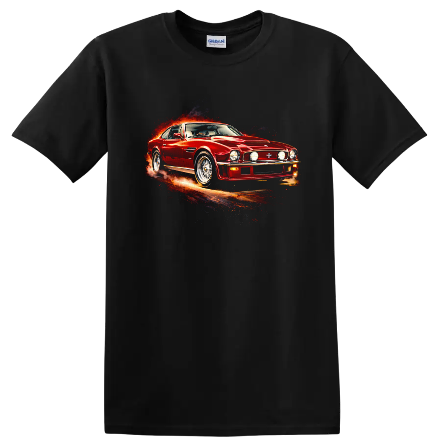 Red Aston Martin V8 Vantage classic car graphic with fiery motion effect on a Black T Shirt