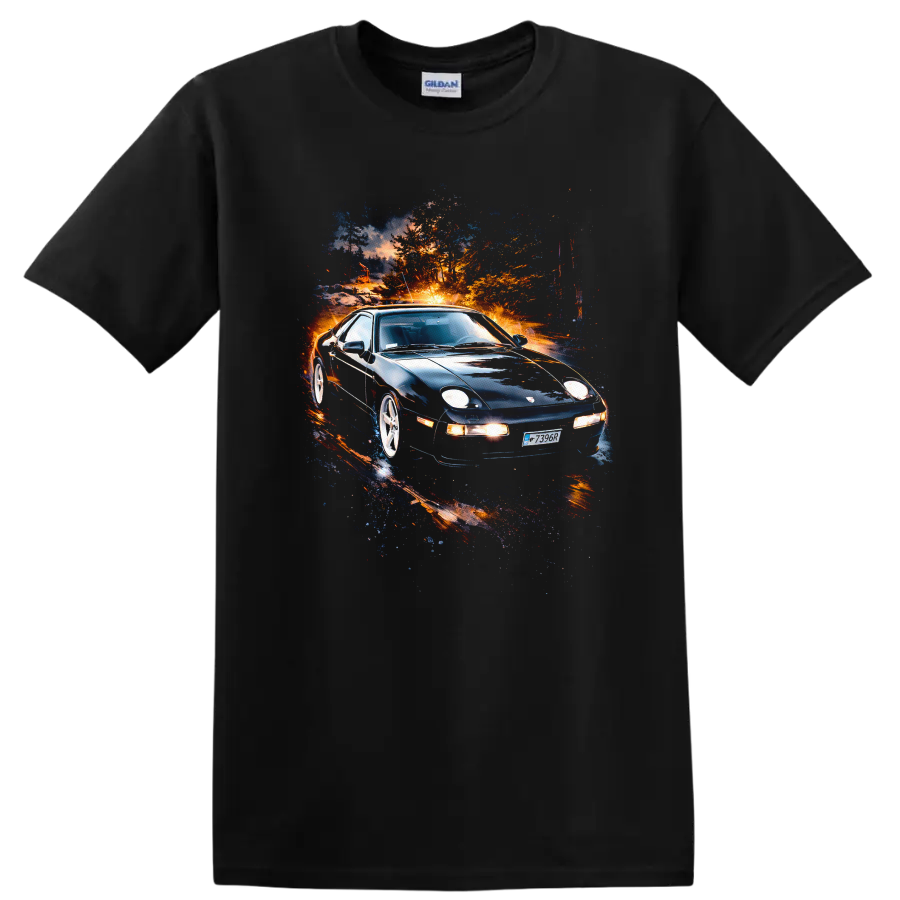 Porsche 928 old car with vivid colorful motion effect on black T-shirt on a Black T Shirt