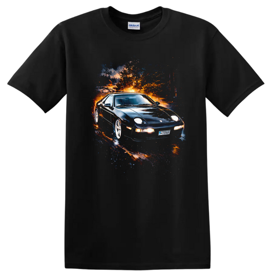 Porsche 928 old car with vivid colorful motion effect on black T-shirt on a Black T Shirt