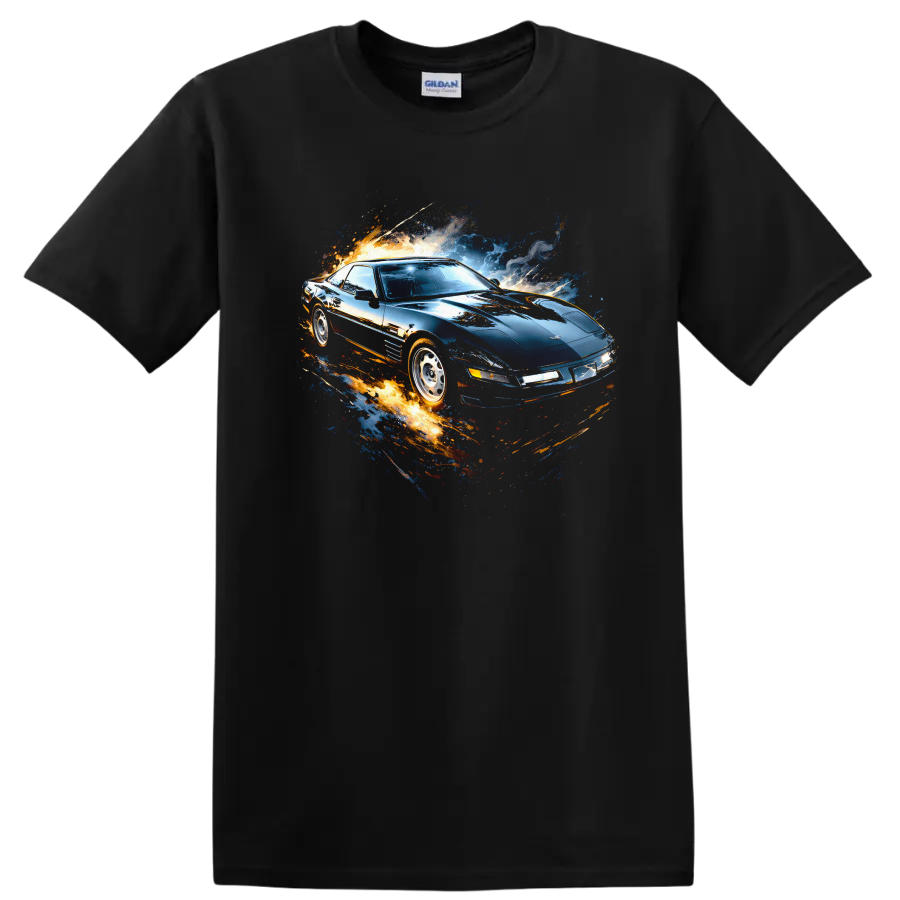 Chevrolet Corvette C4 with blue and orange motion graphic print on a T shirt on a Black T Shirt