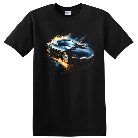 Chevrolet Corvette C4 with blue and orange motion graphic print on a T shirt on a Black T Shirt