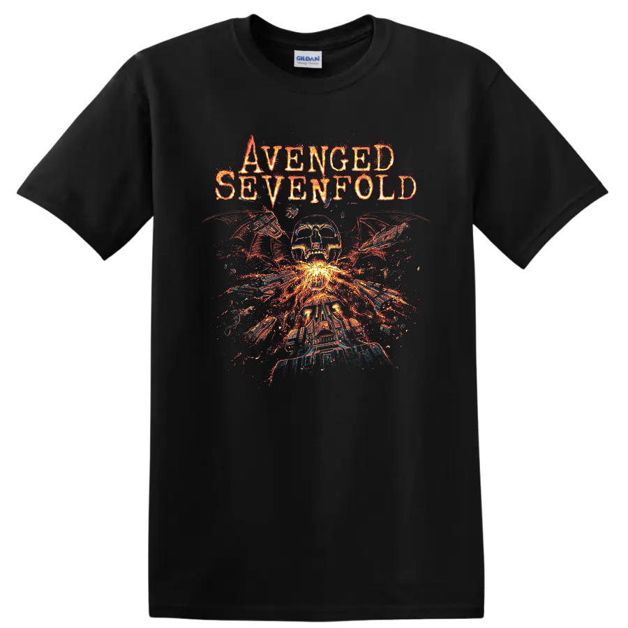 Avenged Sevenfold inspired skull, wings, and flames graphic print T - Black