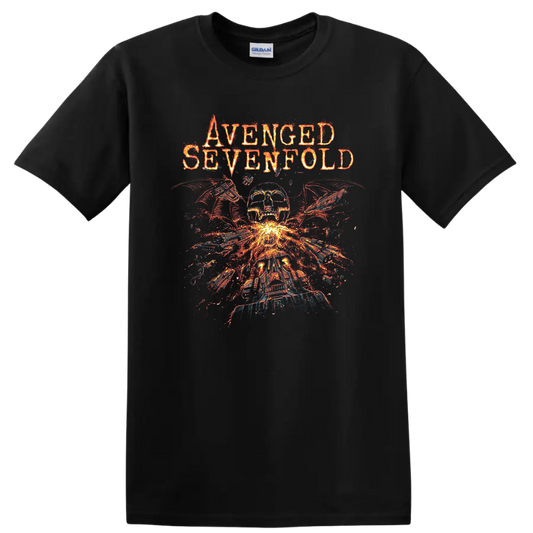 Avenged Sevenfold inspired skull, wings, and flames graphic print T - Black