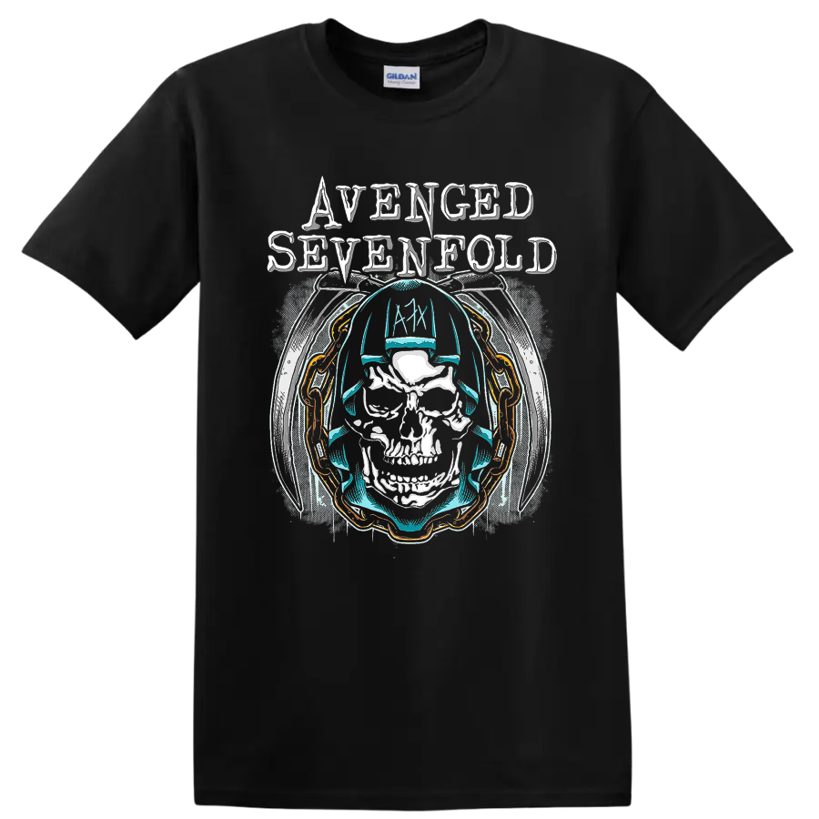 Avenged Sevenfold A7X skull and chain rock metal graphic print T - Black