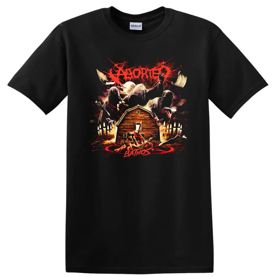 ABORTED horror metal graphic on a T-shirt with dark splatter artwork and eerie farmhouse - Black