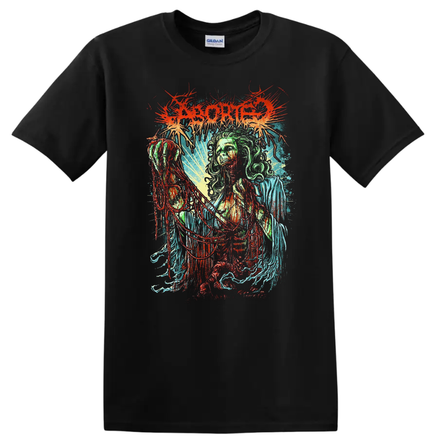 ABORTED-inspired death metal graphic print with horror figure on a T - Black