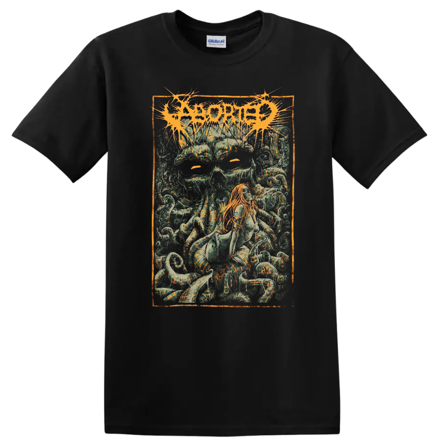 ABORTED metal band style graphic with horror artwork and orange logo T - Black