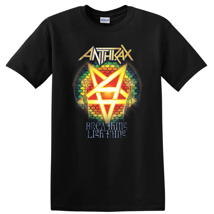 Anthrax logo with rainbow hexagram and Breathing Lightning text graphic print T - Black