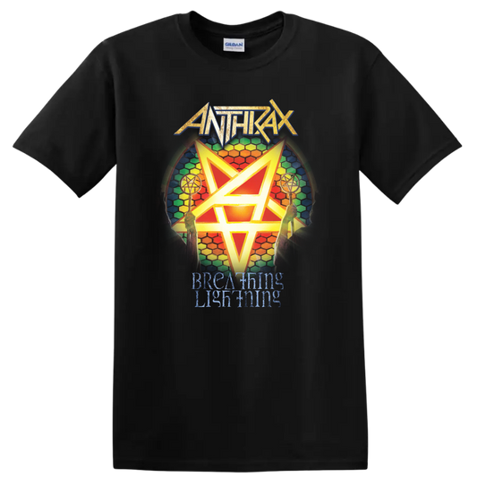 Anthrax logo with rainbow hexagram and Breathing Lightning text graphic print T - Black