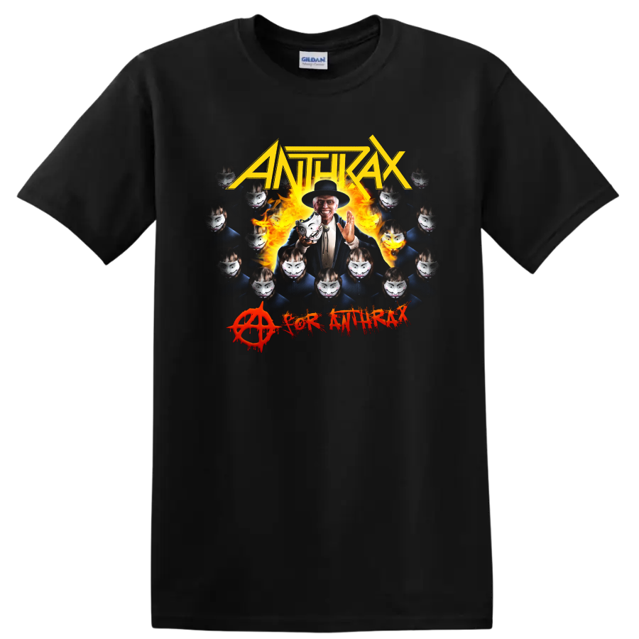 ANTHRAX metal band graphic with flames, masked faces, and bold lettering on T - Black