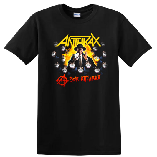 ANTHRAX metal band graphic with flames, masked faces, and bold lettering on T - Black