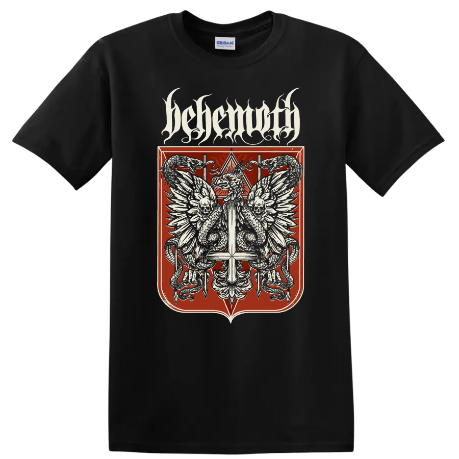 BEHEMOTH gothic metal crest with skulls, serpents, and wings on T - Black