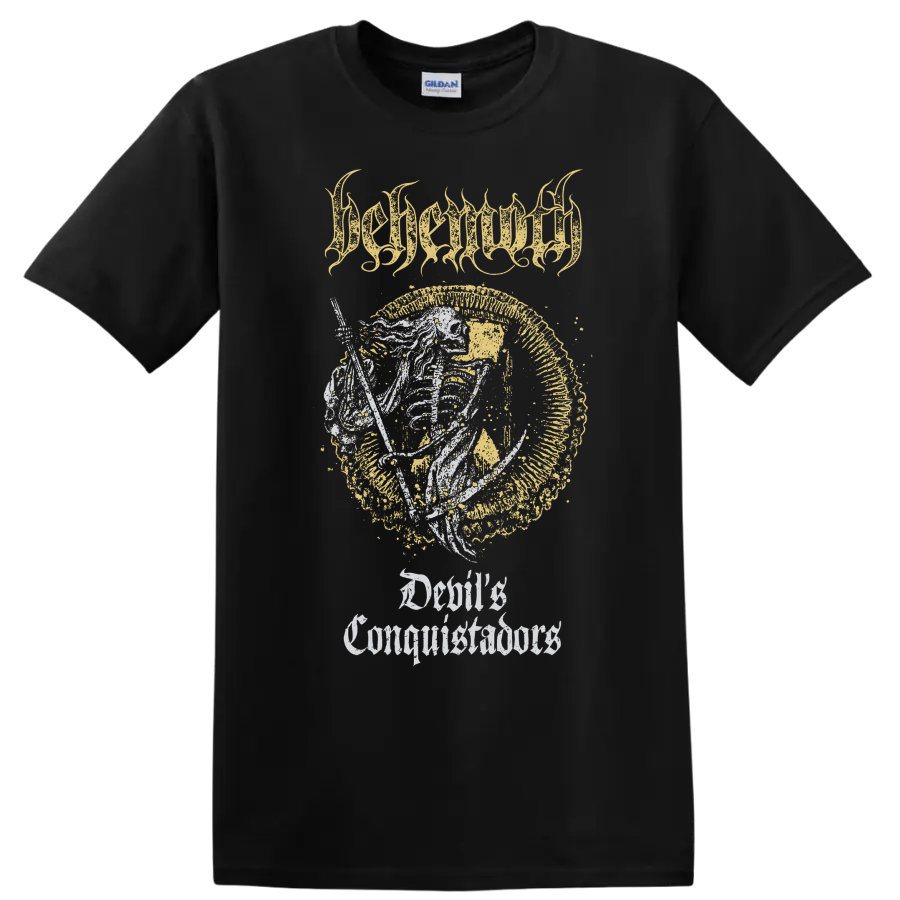 BEHEMOTH gothic metal graphic print with distressed lettering and emblem on T - Black