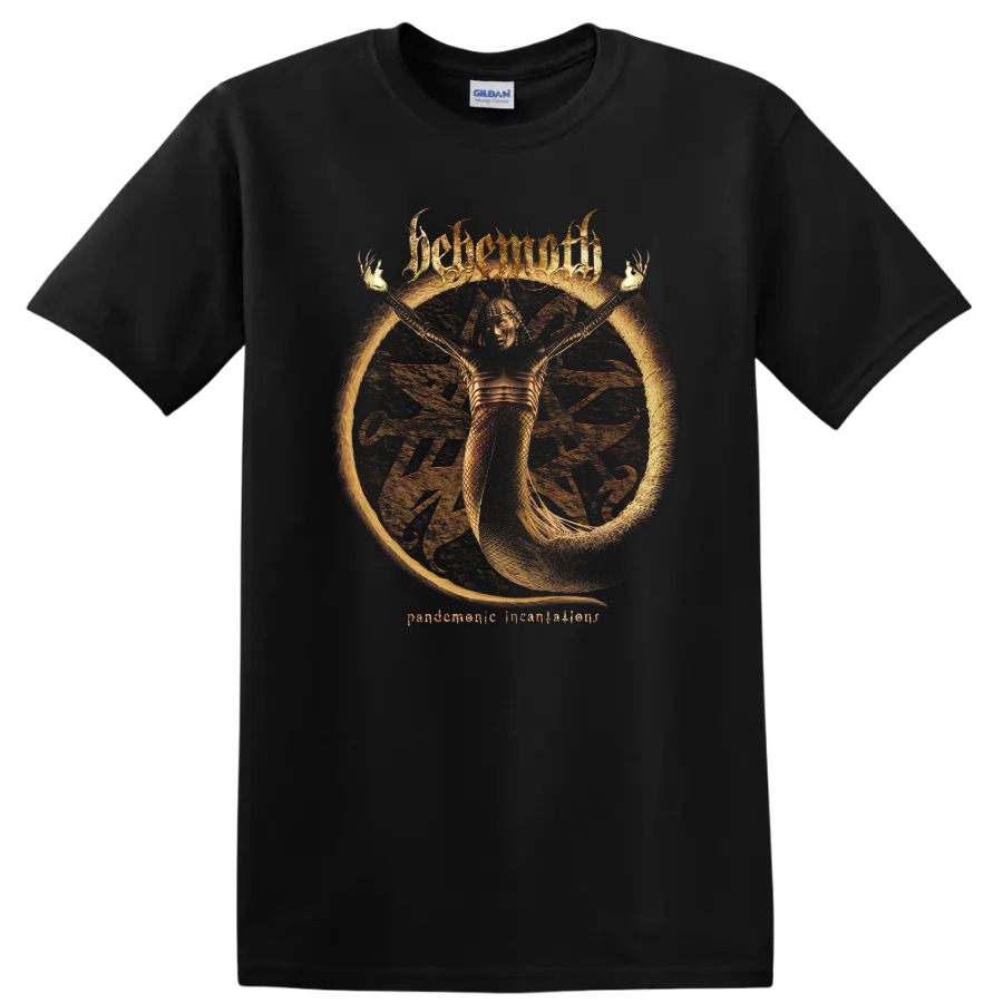 BEHEMOTH Pandemonic Incantations black metal graphic print T shirt with occult figure and burning - Black