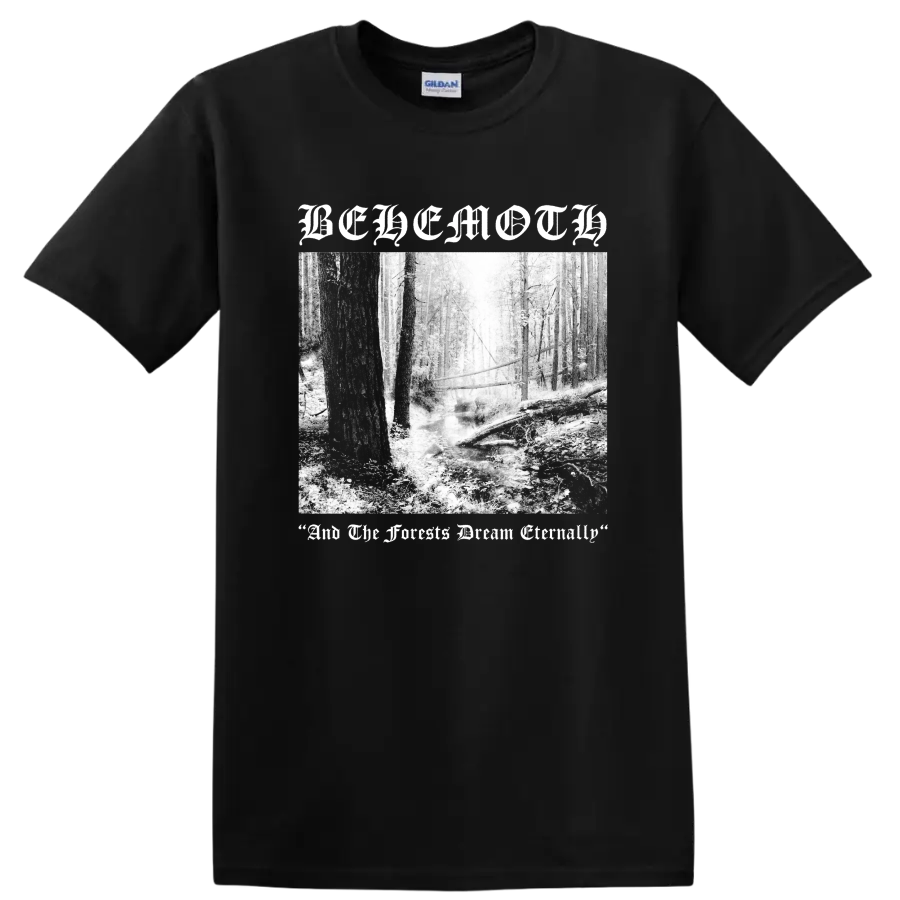 BEHEMOTH gothic text over black and white forest scene graphic print - Black
