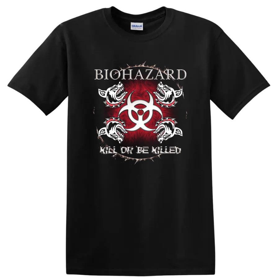 Biohazard graphic print T shirt with skull creatures, red biohazard symbol, and Kill or Be Killed - Black
