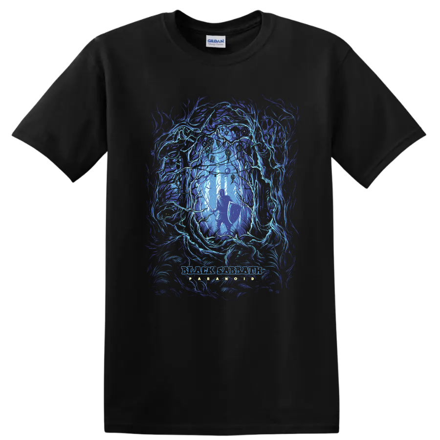 Black Sabbath dark fantasy rock metal graphic print with armored warrior in glowing blue - Black