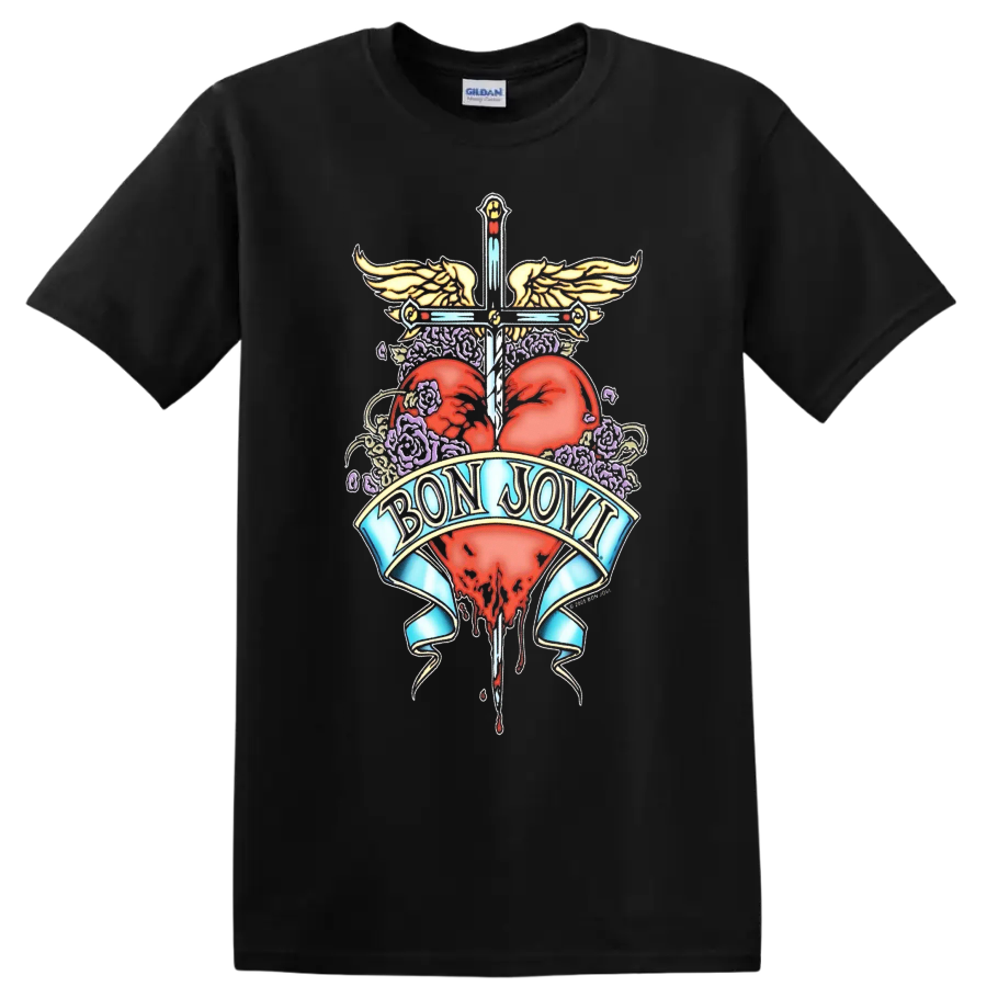 Bon Jovi inspired heart and wings graphic print T - Black