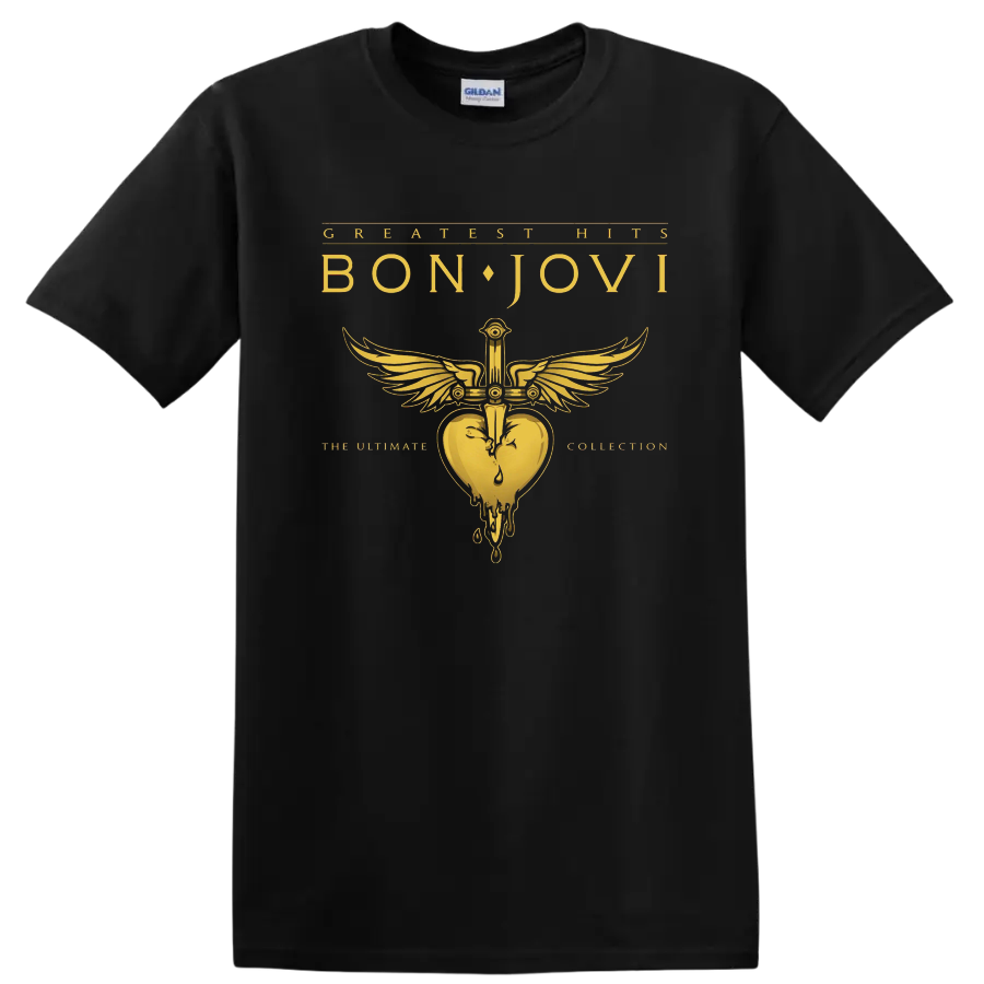 Bon Jovi Greatest Hits graphic with winged heart emblem and gold text on black T - Black