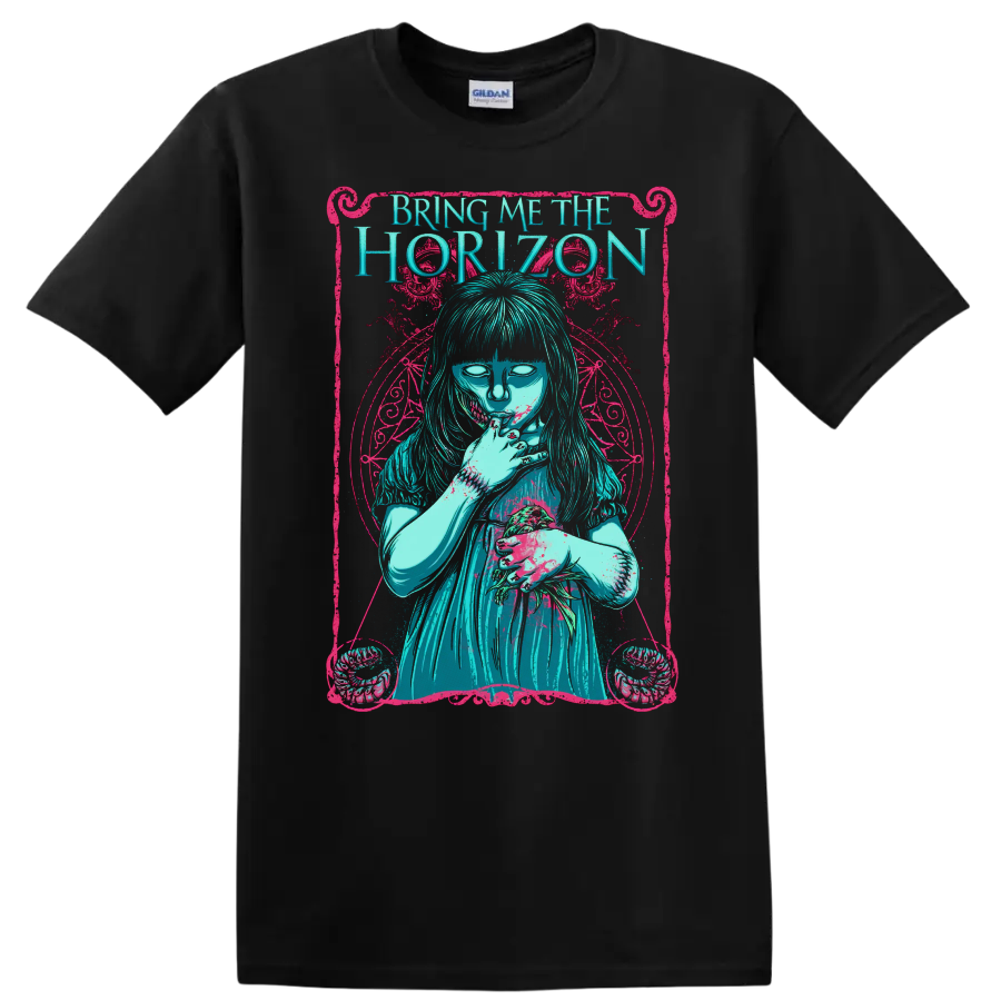 Bring Me The Horizon gothic graphic print T shirt with turquoise figure and pink - Black
