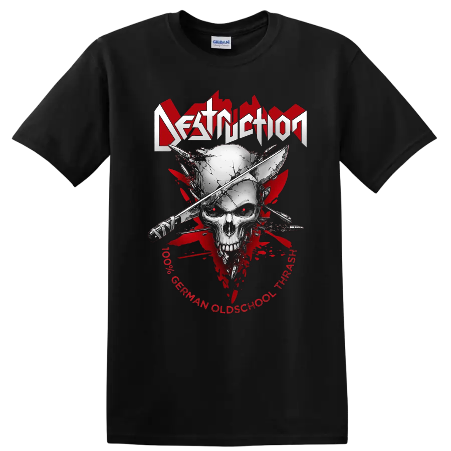 DESTRUCTION skull graphic print T shirt with crossed weapons and red thrash metal - Black