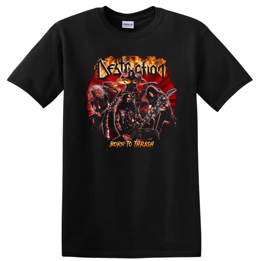 Destruction heavy metal band artwork with flames and Born to Thrash text T - Black
