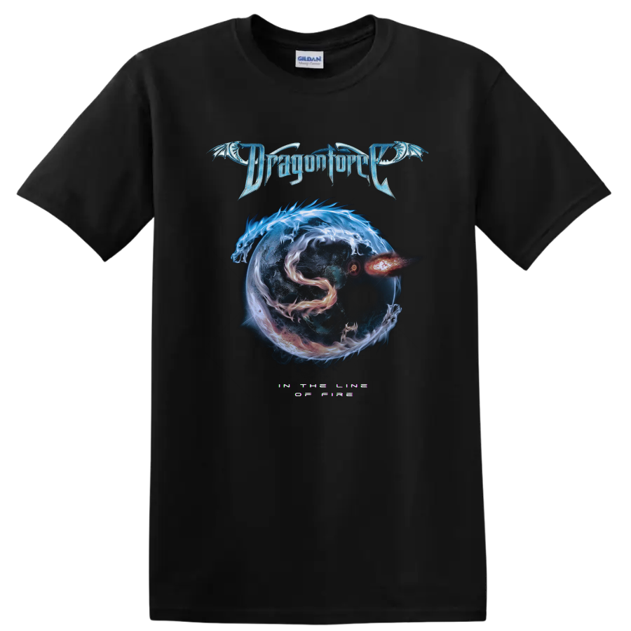 DragonForce logo with dragon artwork and fiery cosmic sphere graphic print T - Black