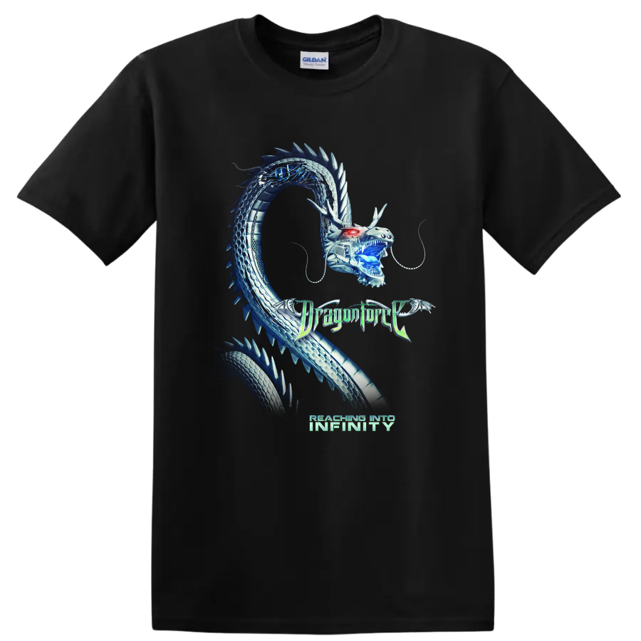 Blue mechanical dragon graphic with DragonForce Reaching Into Infinity text on a - Black