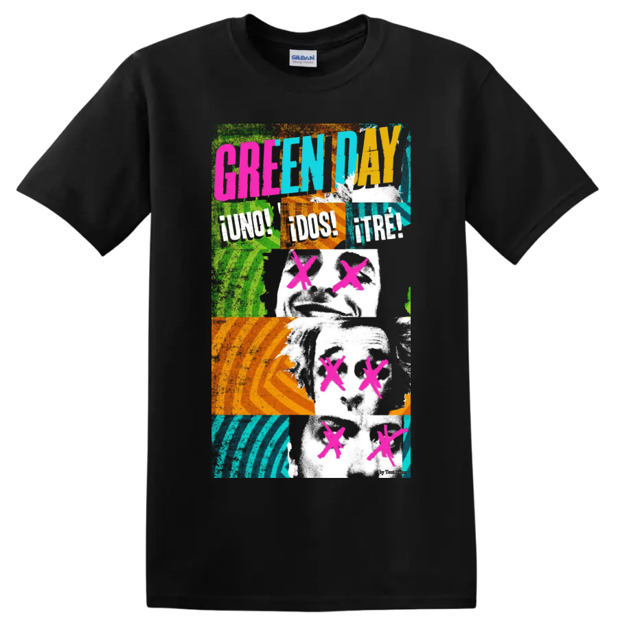 Green Day graphic print T shirt with neon punk rock portrait - Black