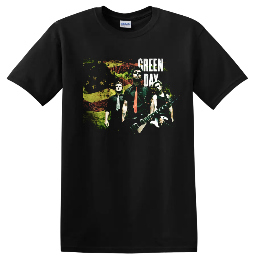 Green Day band graphic print with distressed background and bold text on a T - Black