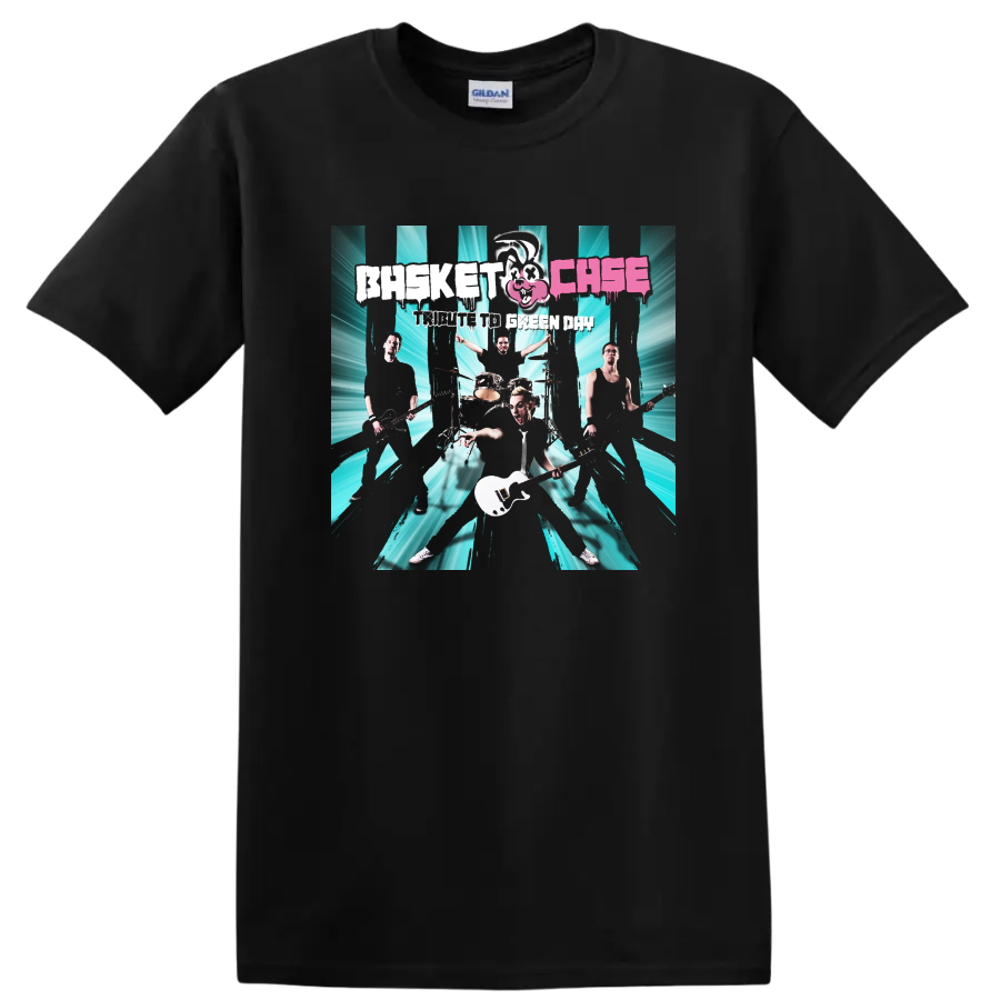 Green Day band graphic print with teal burst background and distressed lettering on T - Black