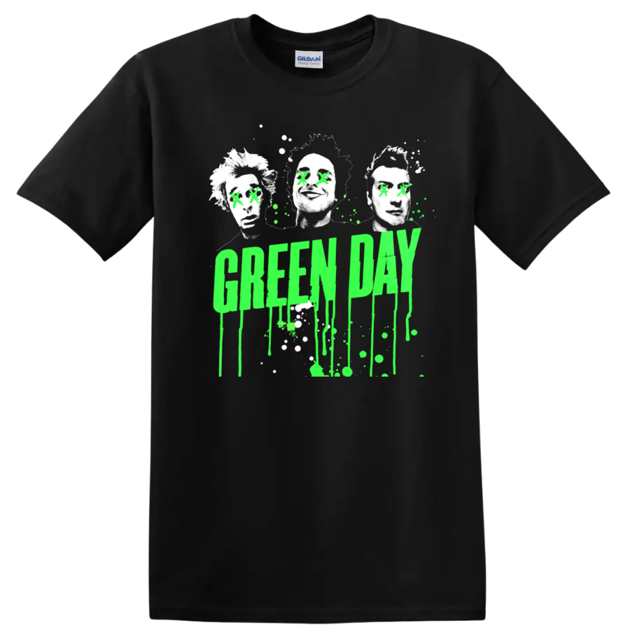 Green Day neon green dripping text with punk-style portraits graphic print T - Black